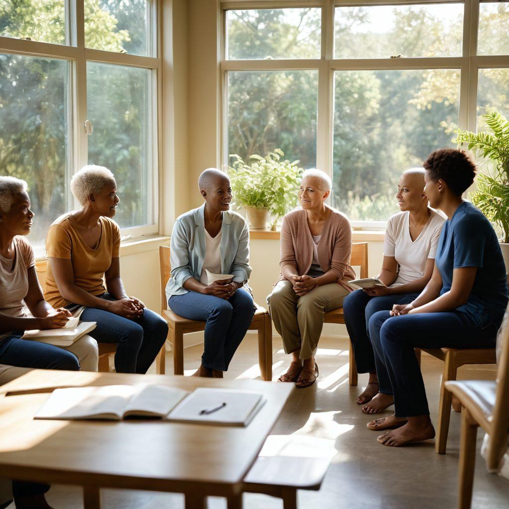 A comforting, serene scene depicting a diverse group of cancer patients in a supportive group therapy setting, surrounded by soft, natural light. Elements of nature, such as plants and sunlight filtering through a window, symbolize hope and healing. Include books about coping mechanisms and resource materials on a table, illustrating community support. The atmosphere should evoke warmth, connection, and optimism. warm tones. super-realistic.
