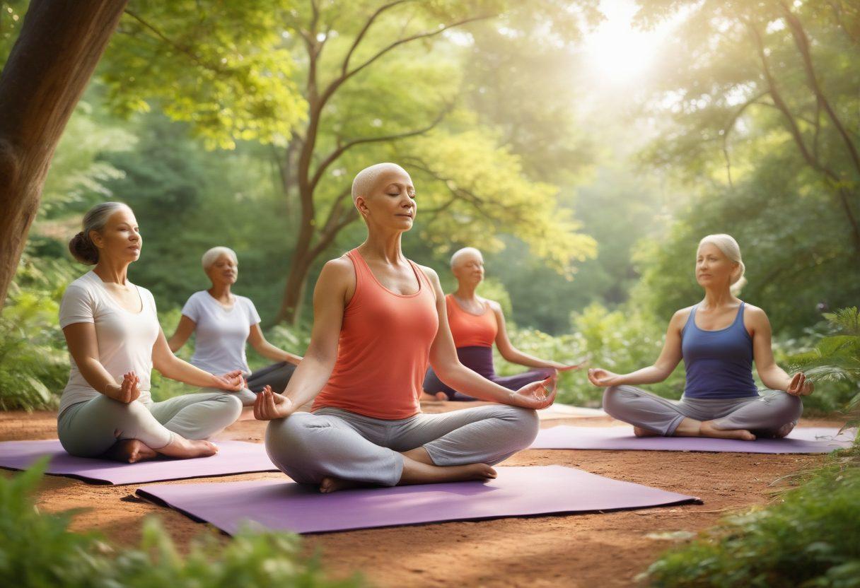 A serene and hopeful landscape featuring a diverse group of cancer patients engaged in various wellness activities, such as yoga, meditation, and nature walks. The backdrop includes vibrant greenery and soft sunlight filtering through trees, symbolizing rejuvenation and strength. Incorporate gentle, uplifting colors that evoke a sense of peace and empowerment. super-realistic. vibrant colors. soft focus.