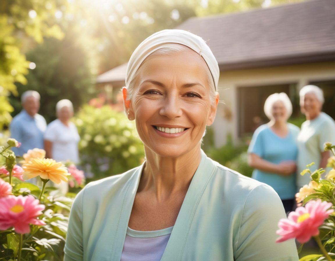 A serene scene of a cancer survivor smiling, surrounded by supportive family members in a sunlit garden, illustrating healing and hope. Include symbolic elements like blooming flowers representing growth and resilience, and a soft-focus background of a wellness center. Bright, uplifting colors to evoke positivity and recovery. super-realistic. vibrant colors. warm tones.